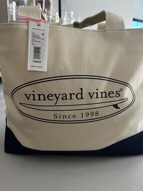 Vineyard Vines Natural and Navy Canvas Tote with Logo